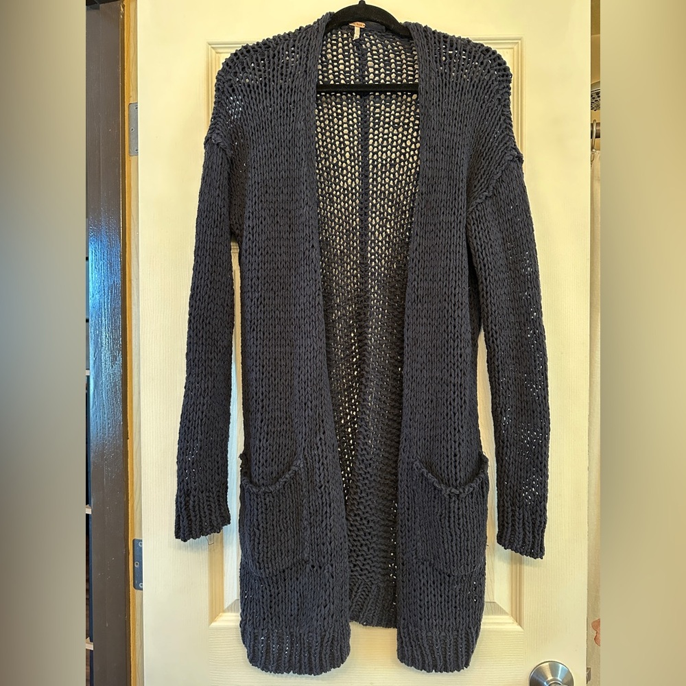 Free People Simply Sienna Open Knit Cotton Cardigan Sweater Dark Navy Blue
